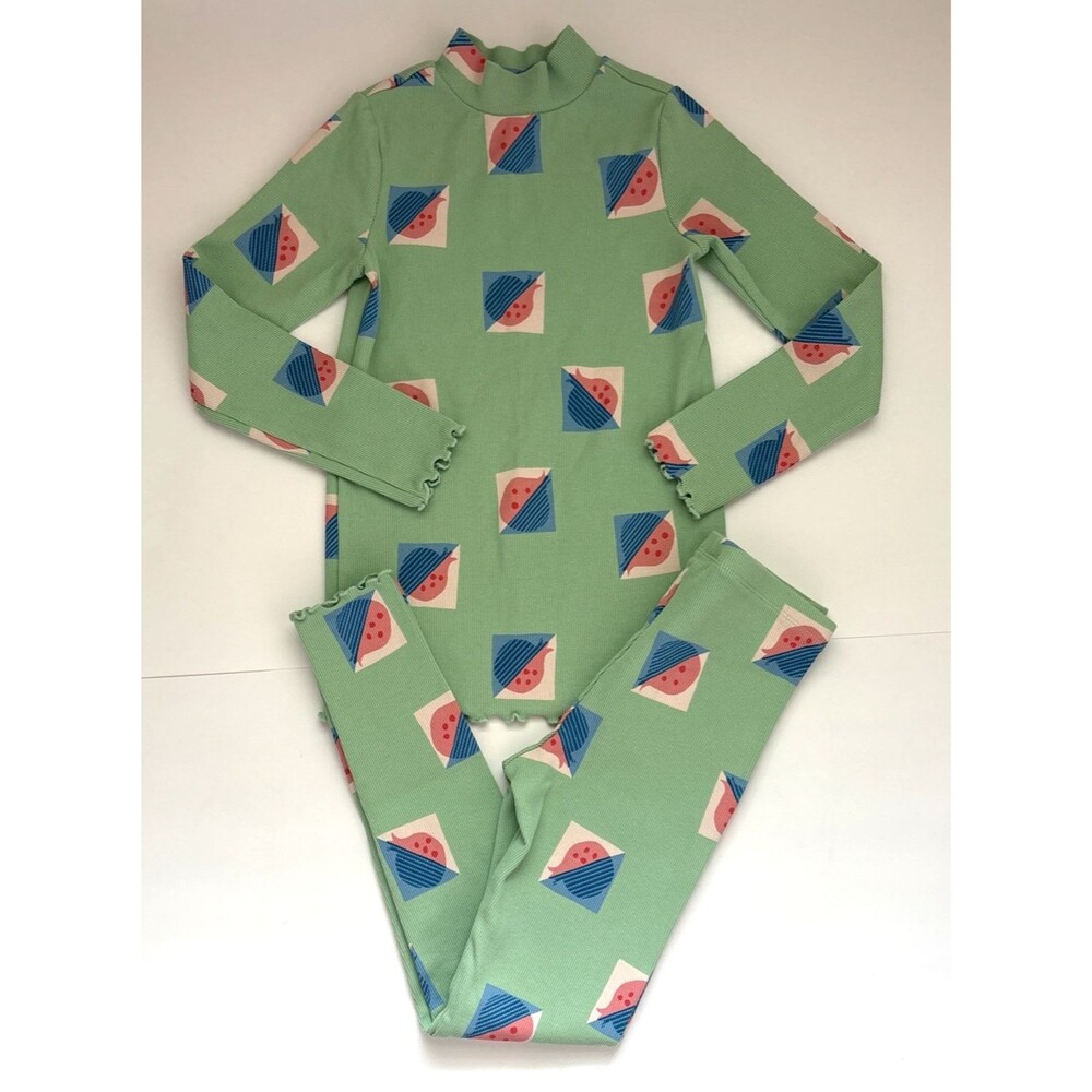 Tea Collection Girls Modern Pomegranate Print 2-Piece Pajamas Green Cotton Sz 8
